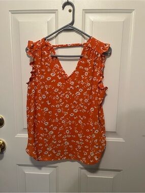 Philosophy Orange Floral Ruffle Sleeve V-Neck Tank